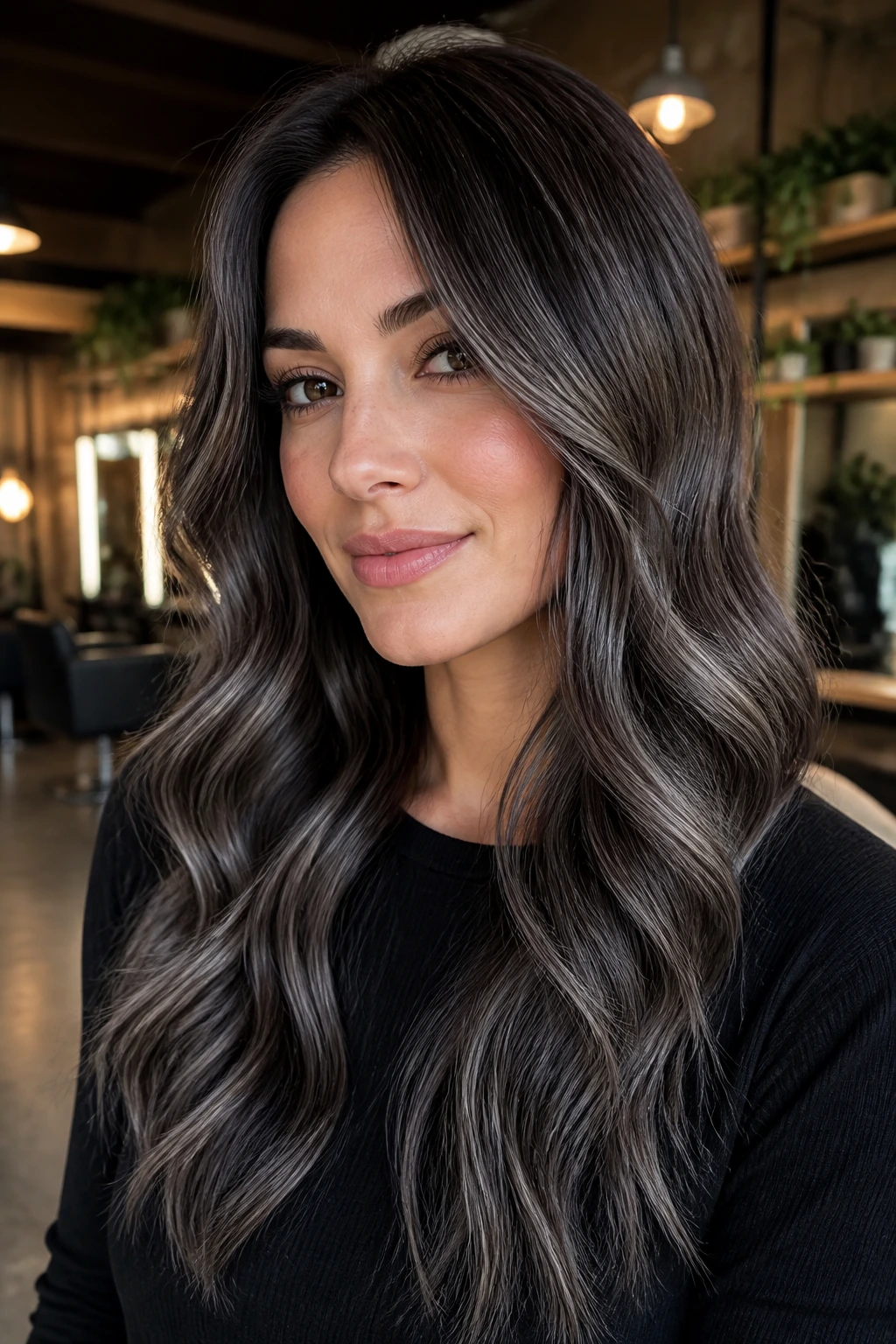 Close-up portrait of a real woman with dark brown hair and ash-grey balayage in a modern salon