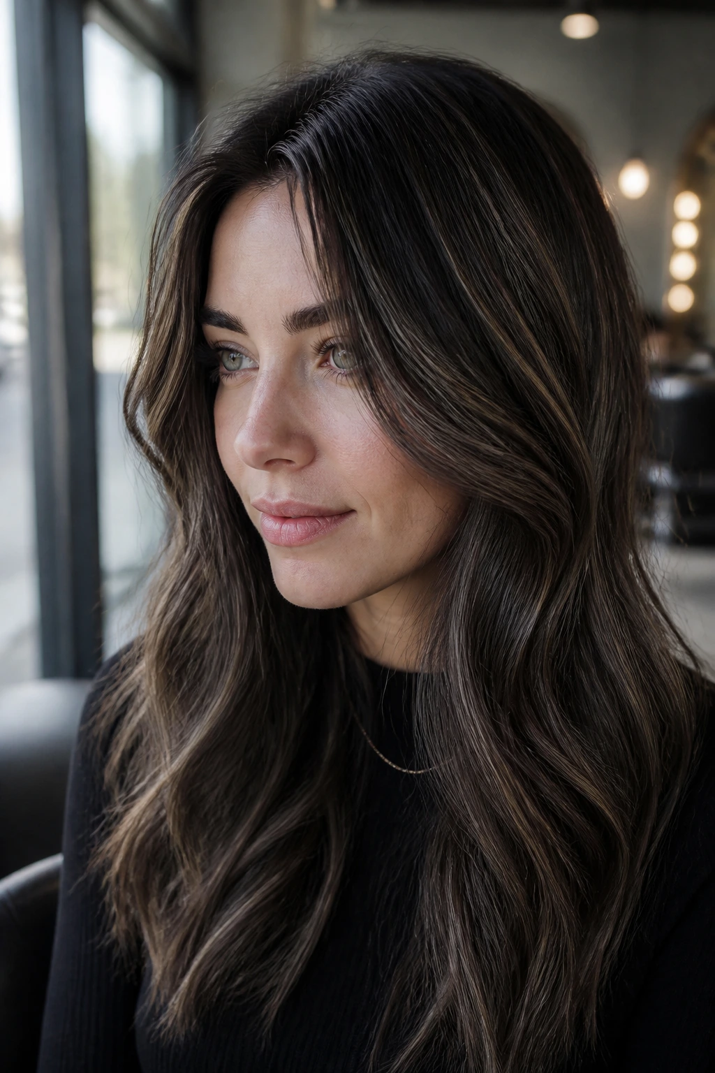 Close-up of hair with ash-based dark brown highlights on cool skin