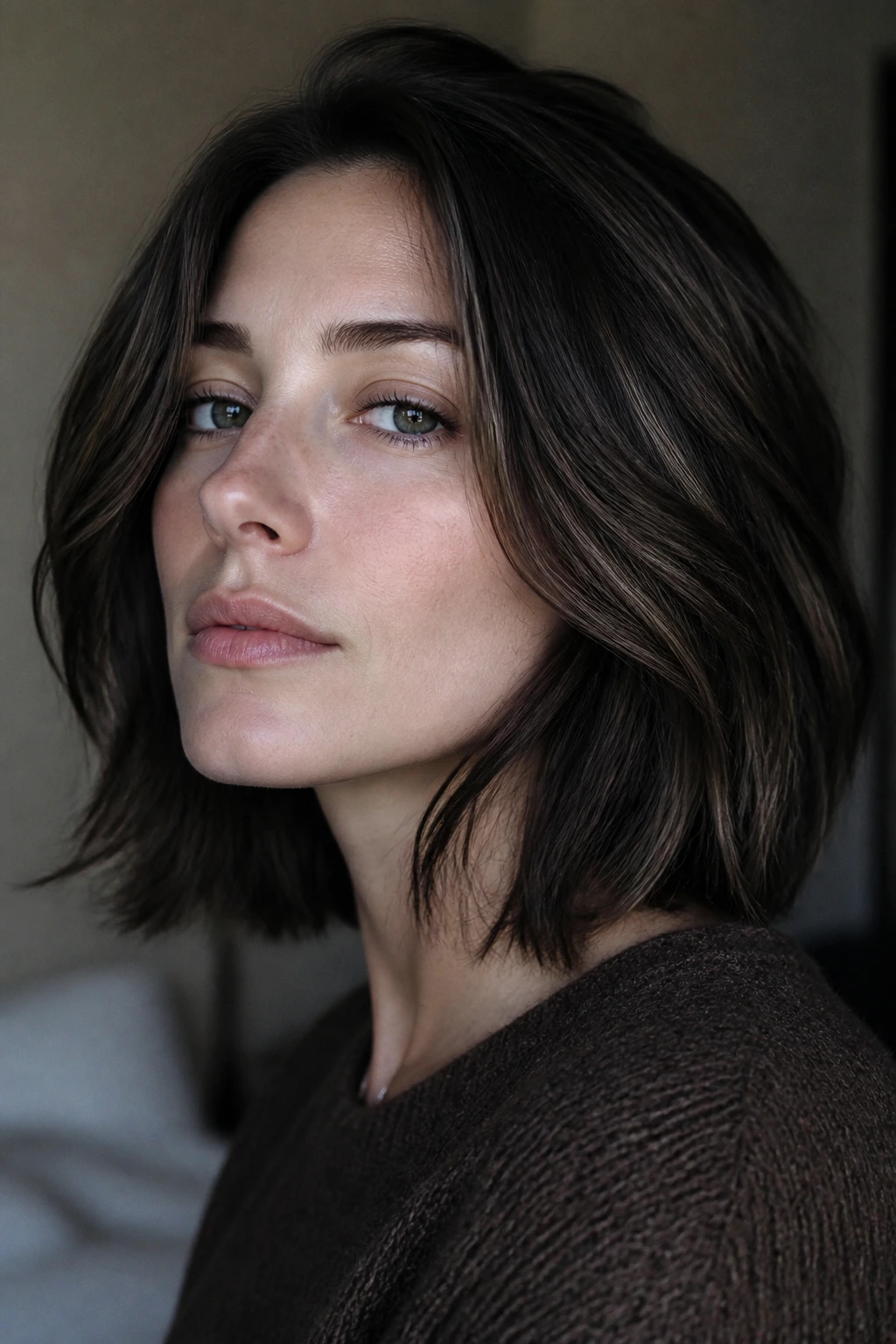 Brunette with cool skin showing depth from dark brown lowlights