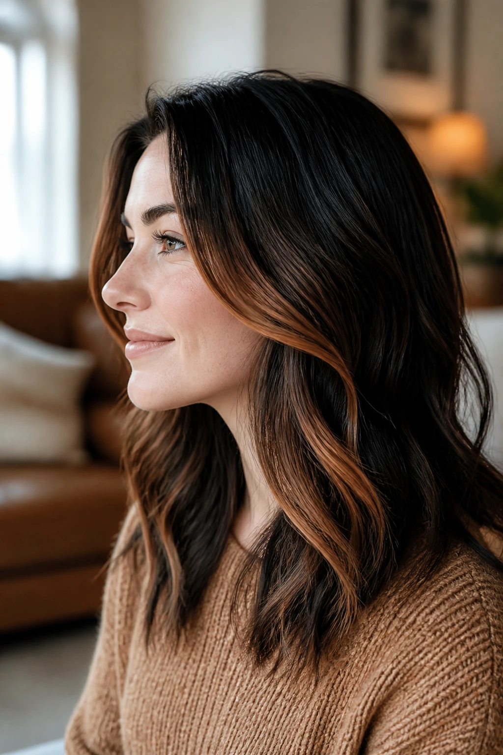 Side profile of a woman with apricot-car caramel peekaboo underlayers