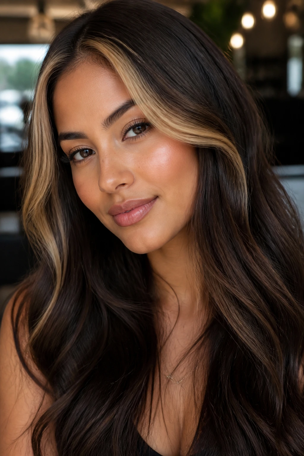Dark brunette hair with a bright honey money piece at the front