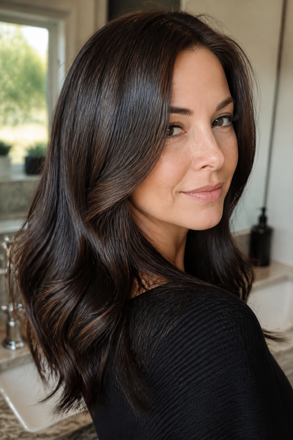 Close-up portrait of a real woman with glossy dark brunette hair in a bathroom, illustrating color maintenance between visits