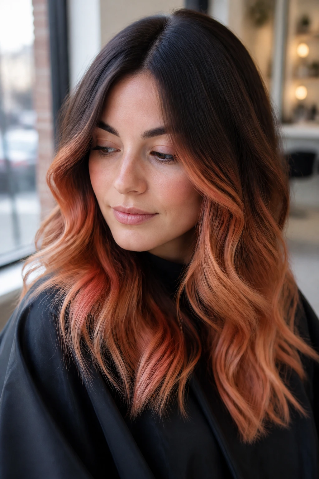 Close-up of a real woman with dark brunette papaya ombré from roots to ends in a salon setting