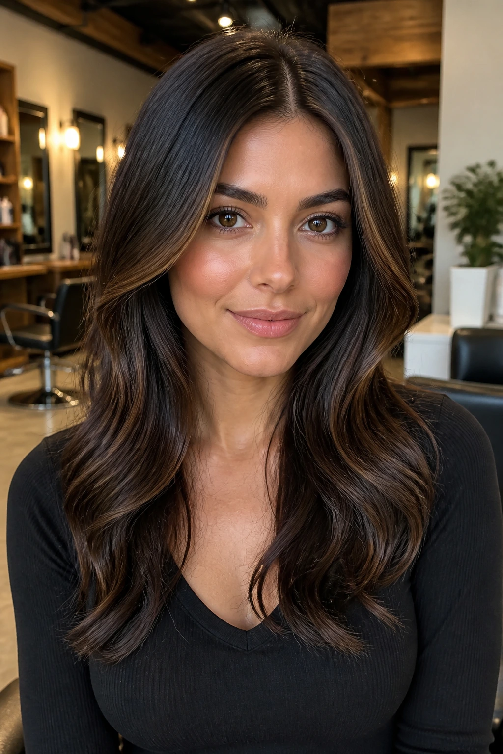 Close-up of dark brunette hair with highlights on an oval-faced real woman