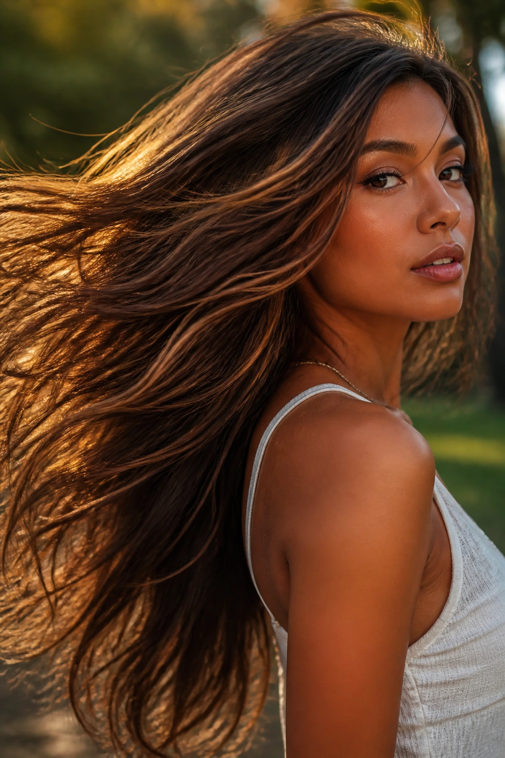 Portrait of a person with dimensional dark caramel brown hair in motion