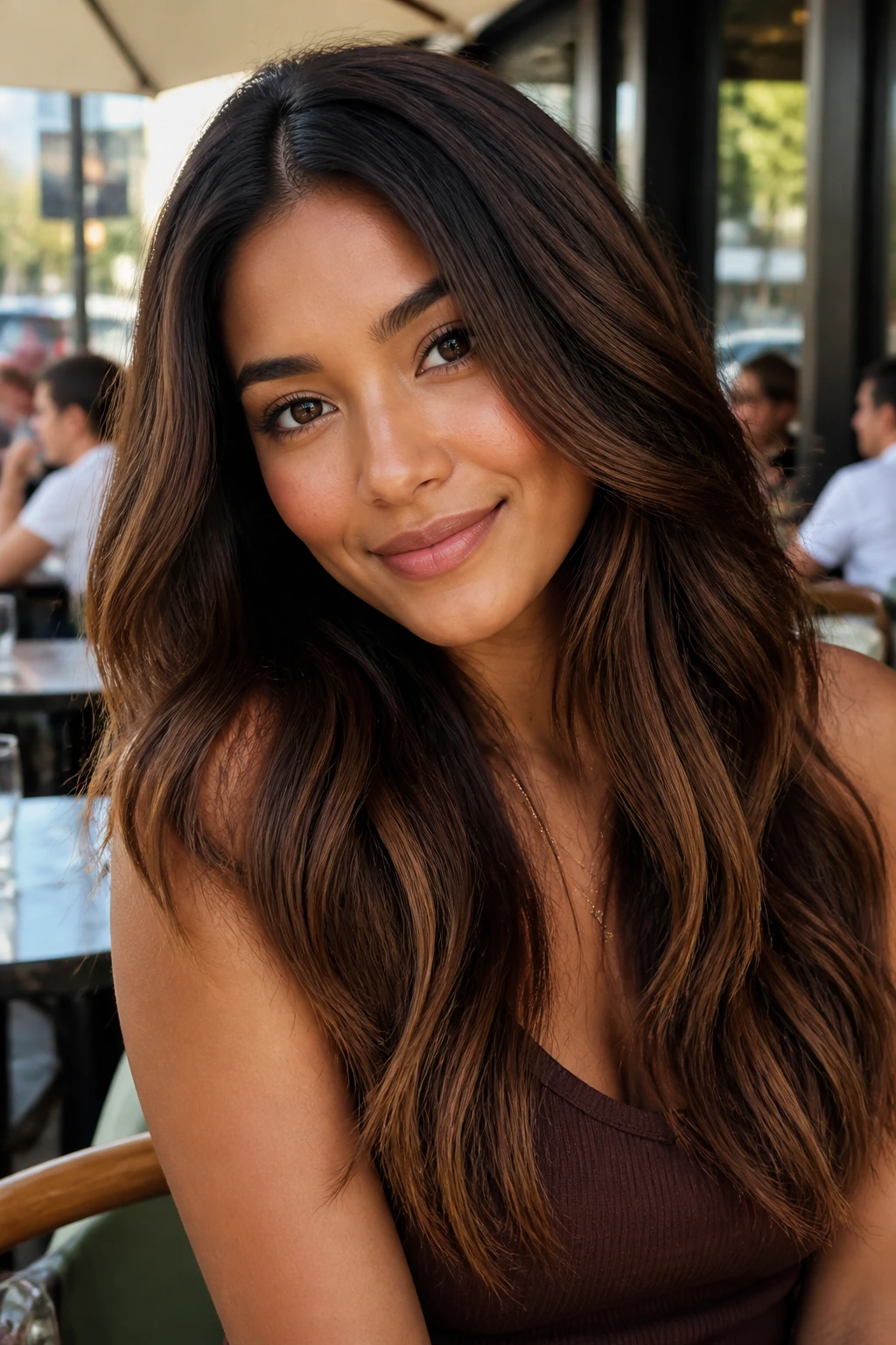Portrait of a person with dark caramel brown hair and tan skin