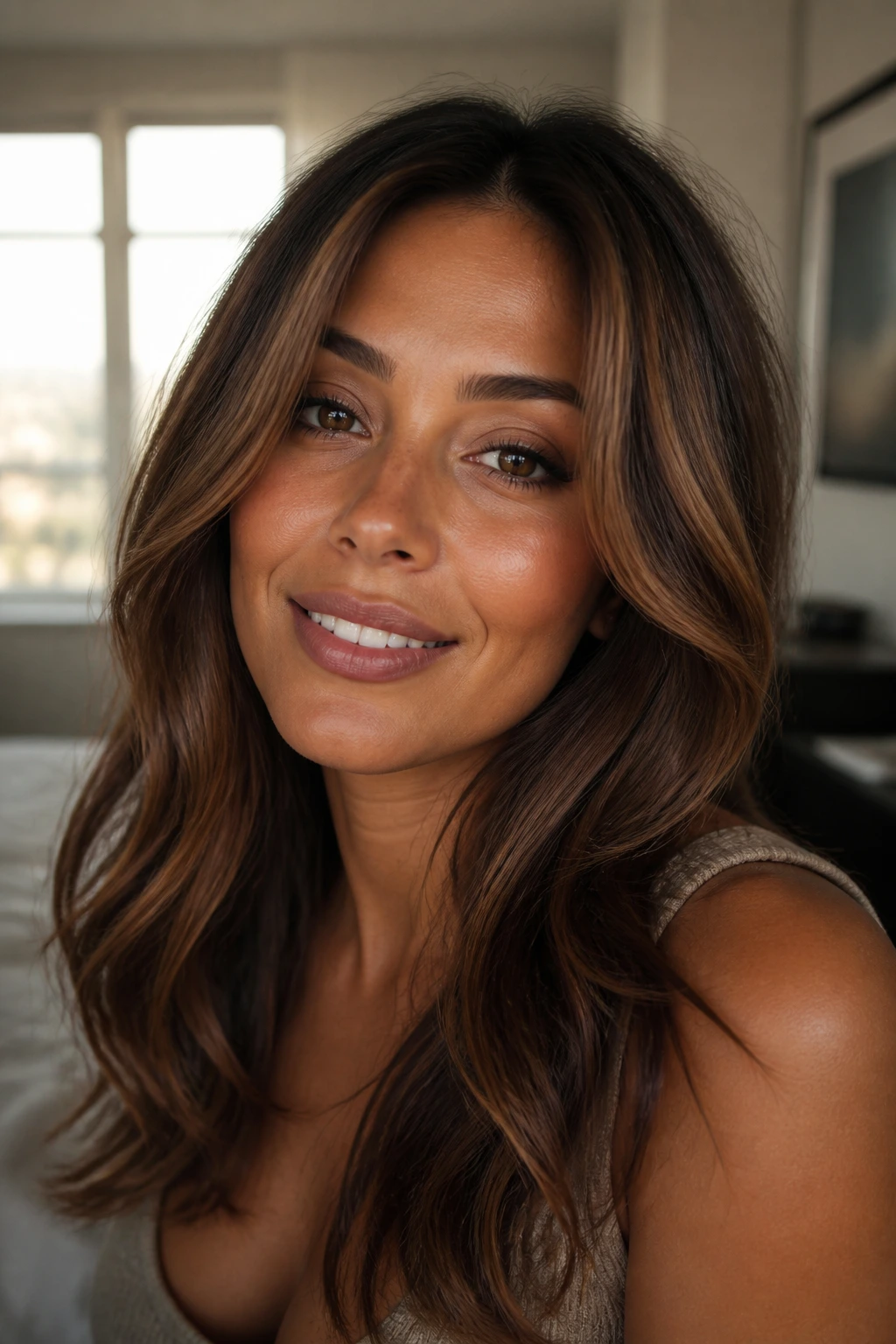 Close-up portrait of a tan-skinned person with dark caramel brown hair