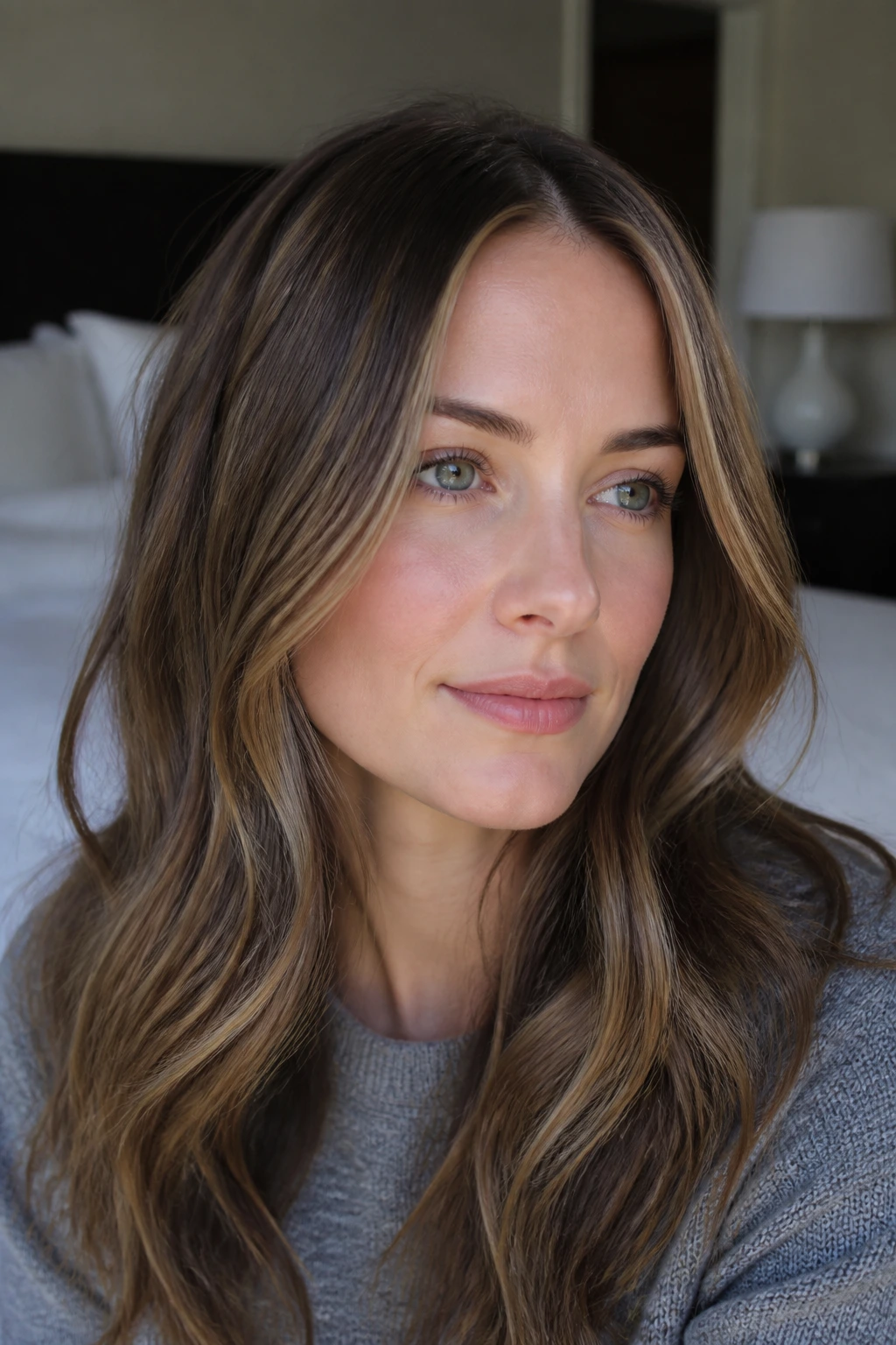 Close-up portrait of a woman with cool skin tone and beige-ash dark caramel hair filling the frame