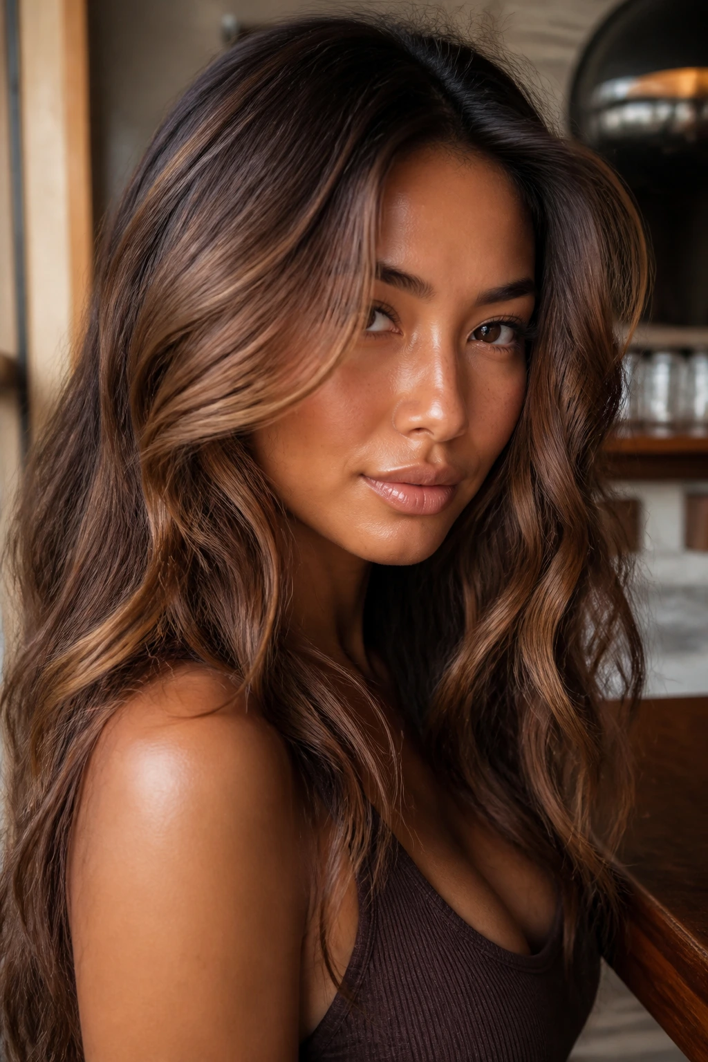 Close-up portrait of a woman with dark caramel brown hair in loose waves catching warm light
