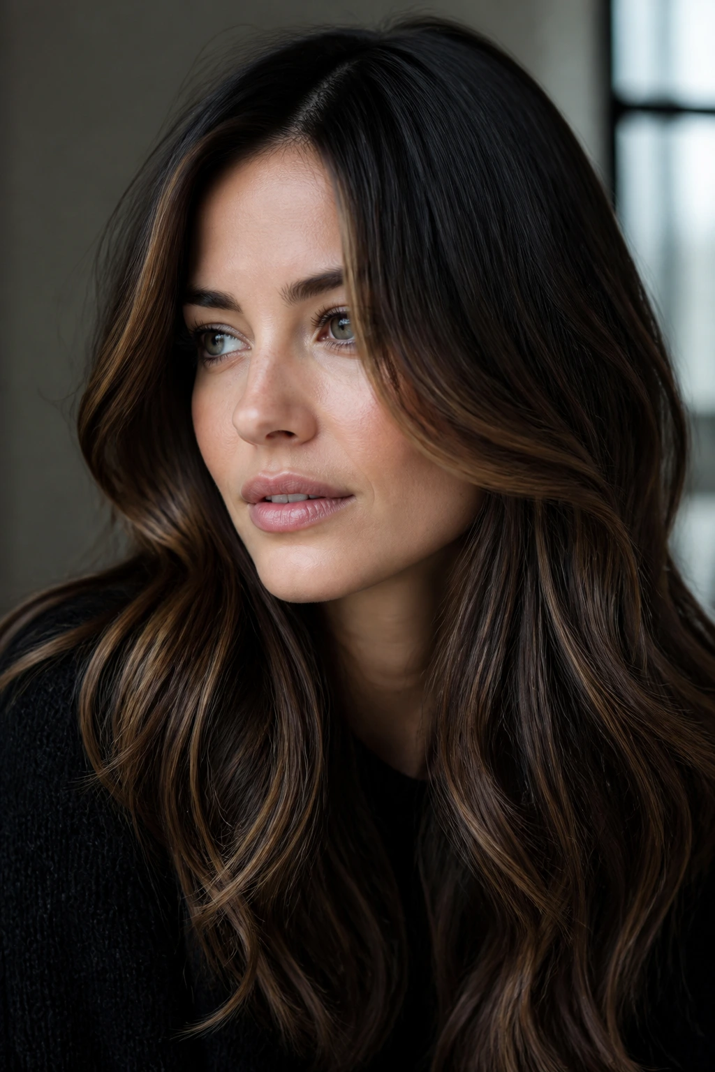 Portrait of a woman with cool skin tone and dark caramel highlights
