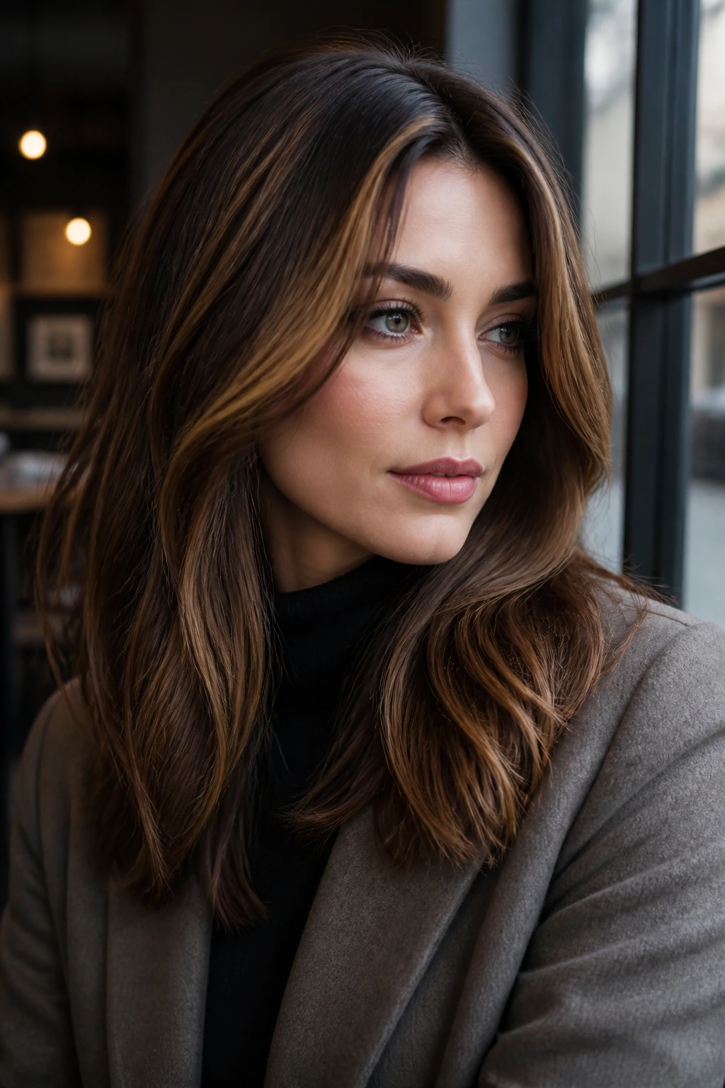Portrait of a woman with cool-tone skin and dark caramel highlights worn to read cool