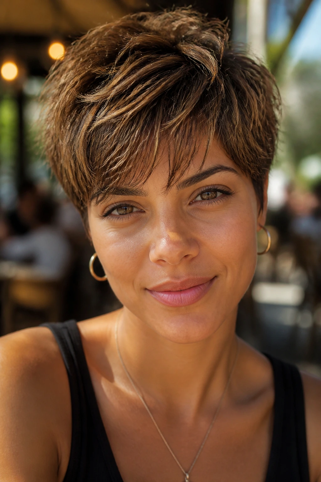 Close-up of a real woman with a dark caramel pixie and piecey highlights