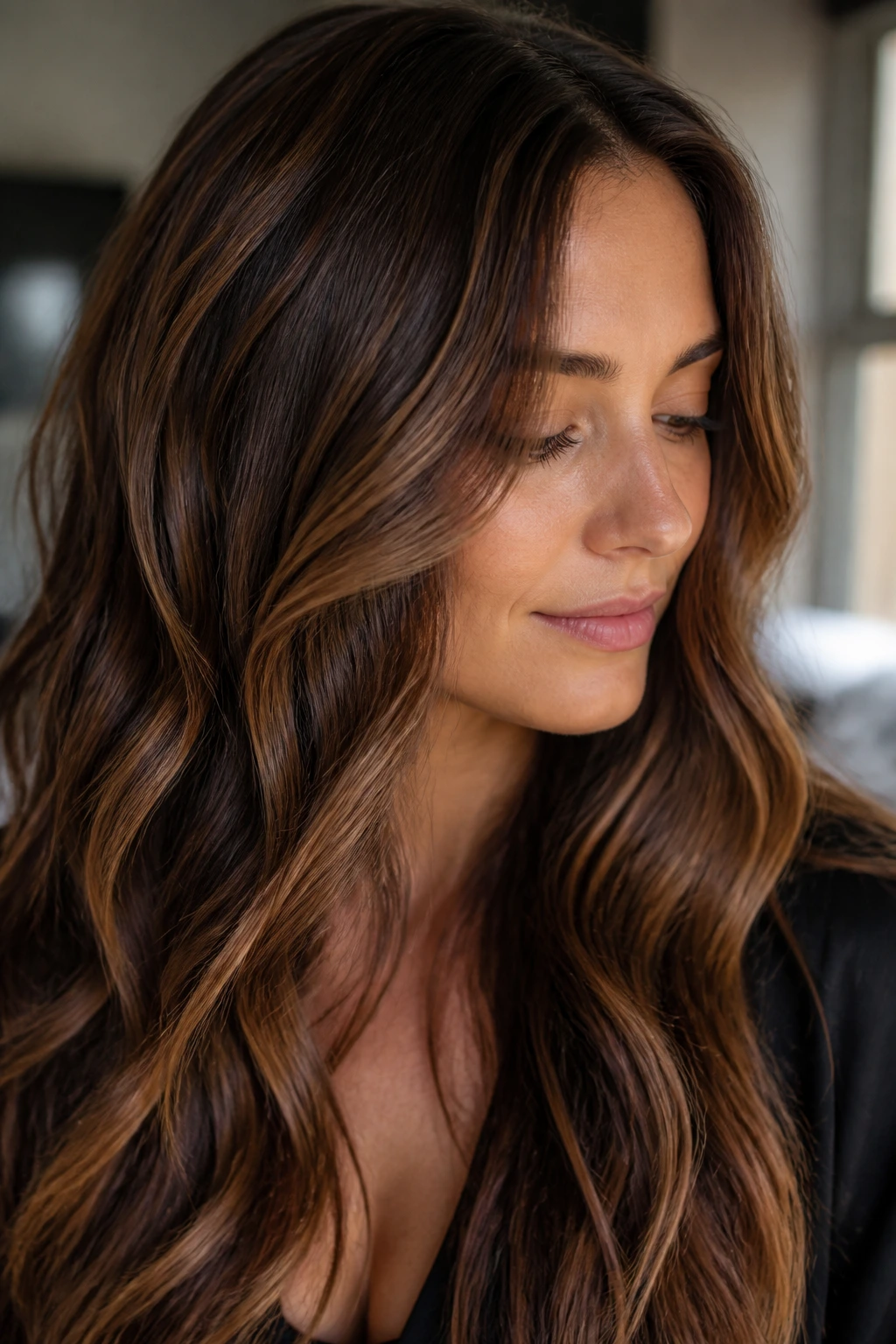 Portrait of a person with dark caramel hair in natural light