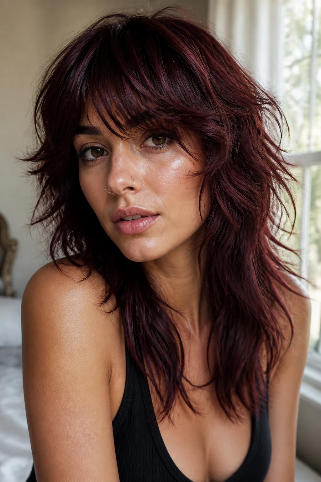 Close-up of real woman with dark cherry layered shag hairstyle.