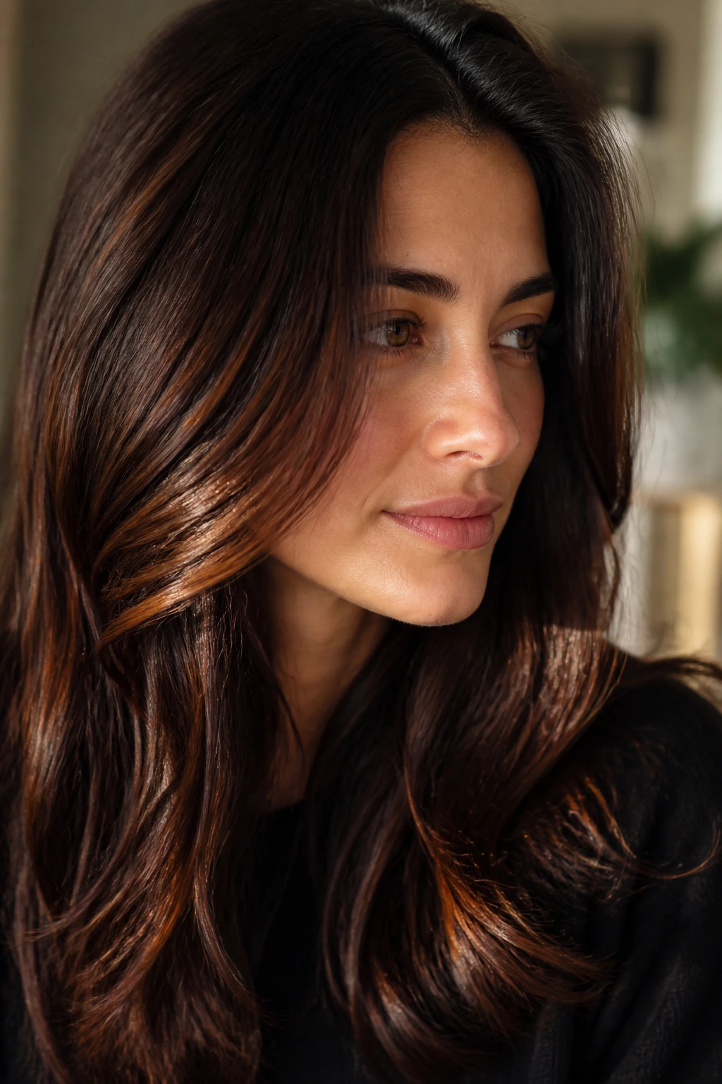 Portrait of a real woman with dark chocolate hair and auburn caramel glints