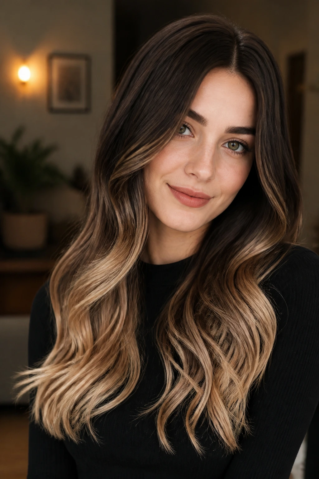 Portrait of a woman with dark chocolate to beige ends balayage