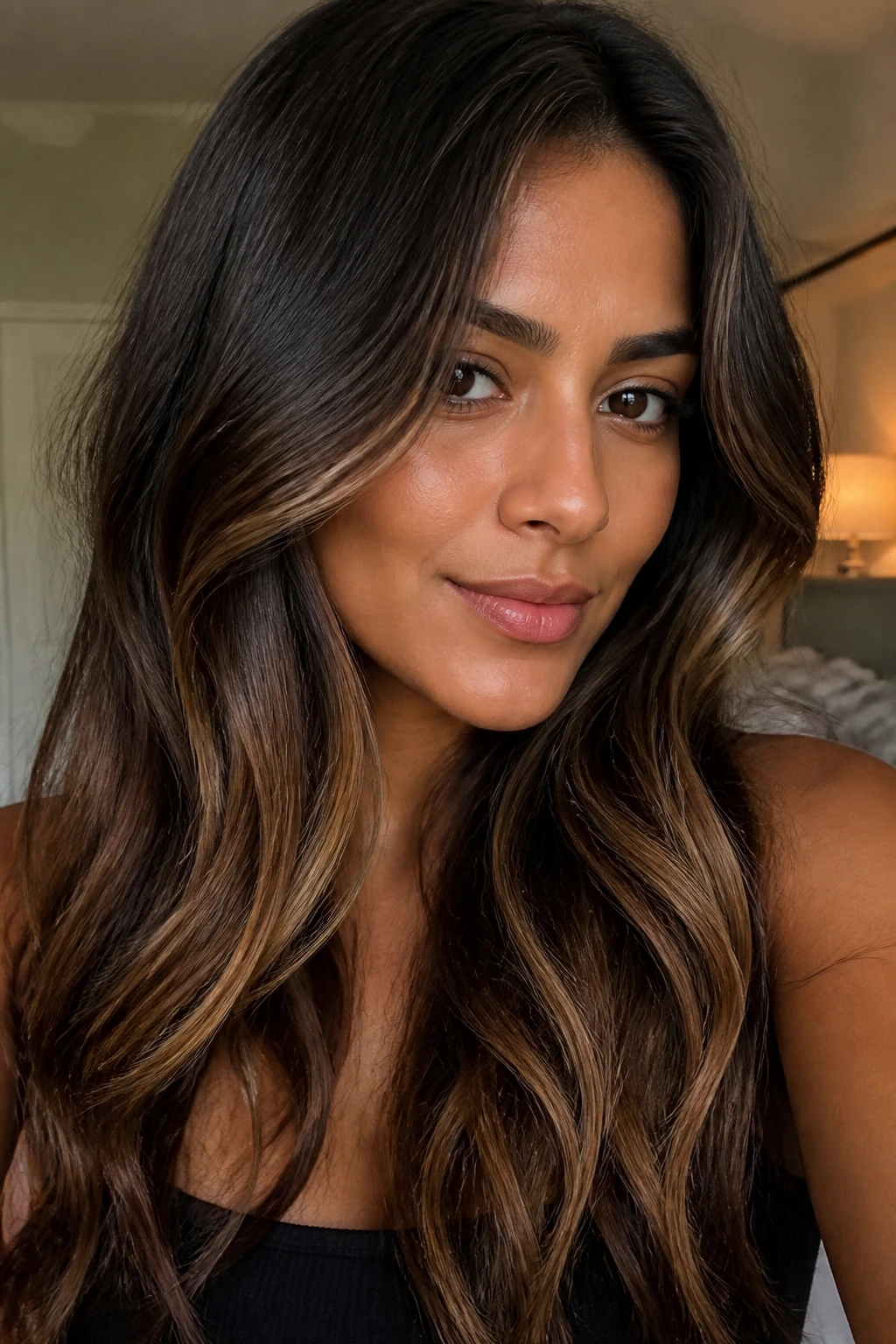 Portrait of a person with dark chocolate balayage and warm caramel ends.