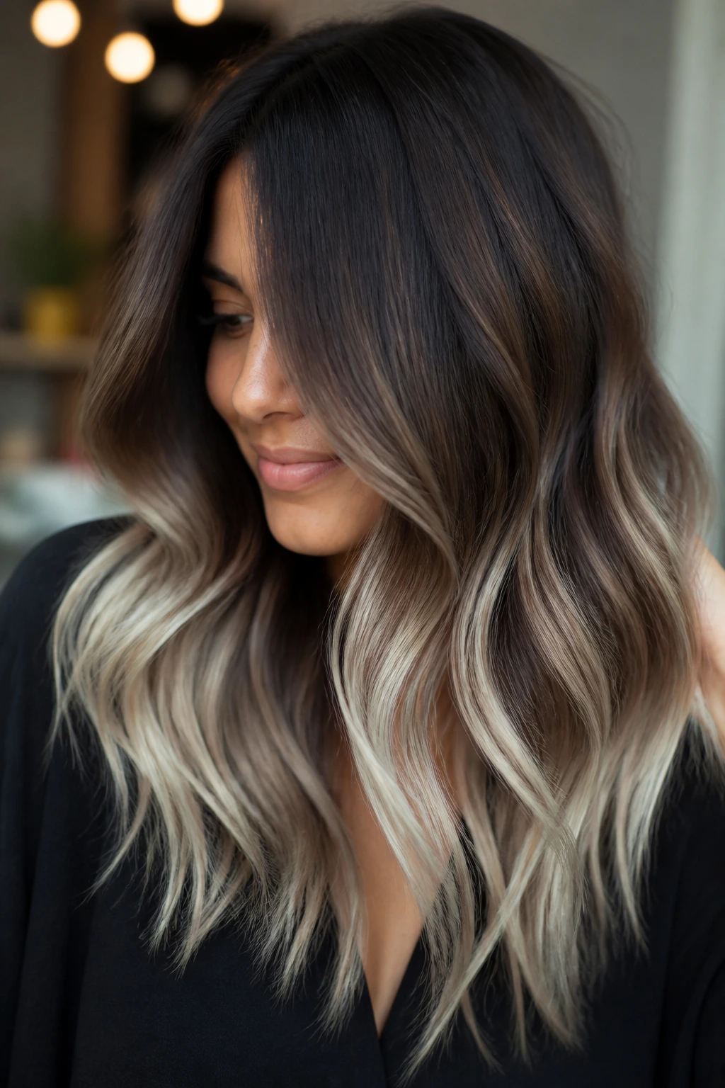 Brunette with dark chocolate balayage and pearl ends