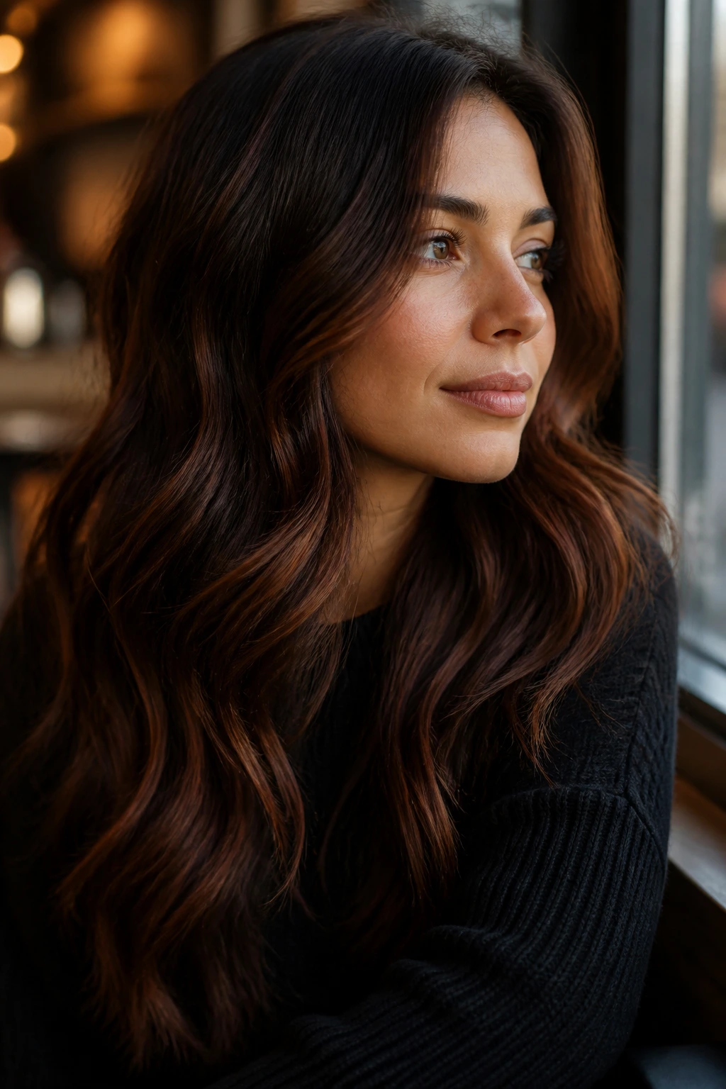 Close-up of a woman with dark chocolate base and cinnamon glow highlights