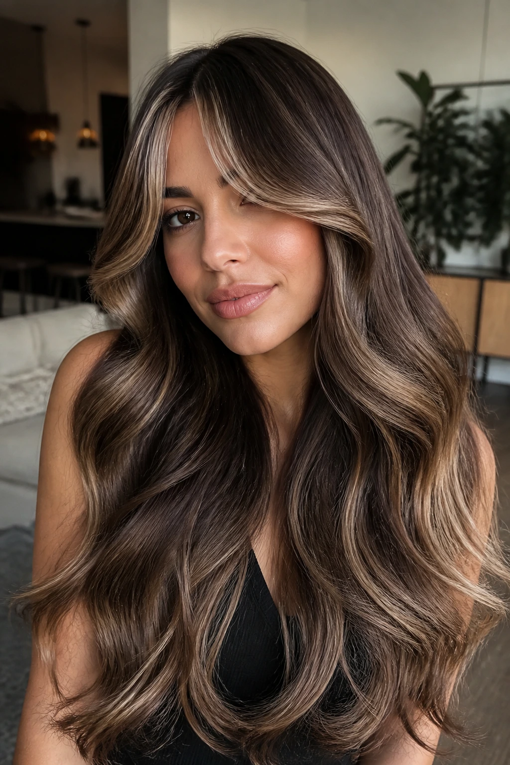 Close-up of dark chocolate gloss hair with beige ends and curtain bangs.
