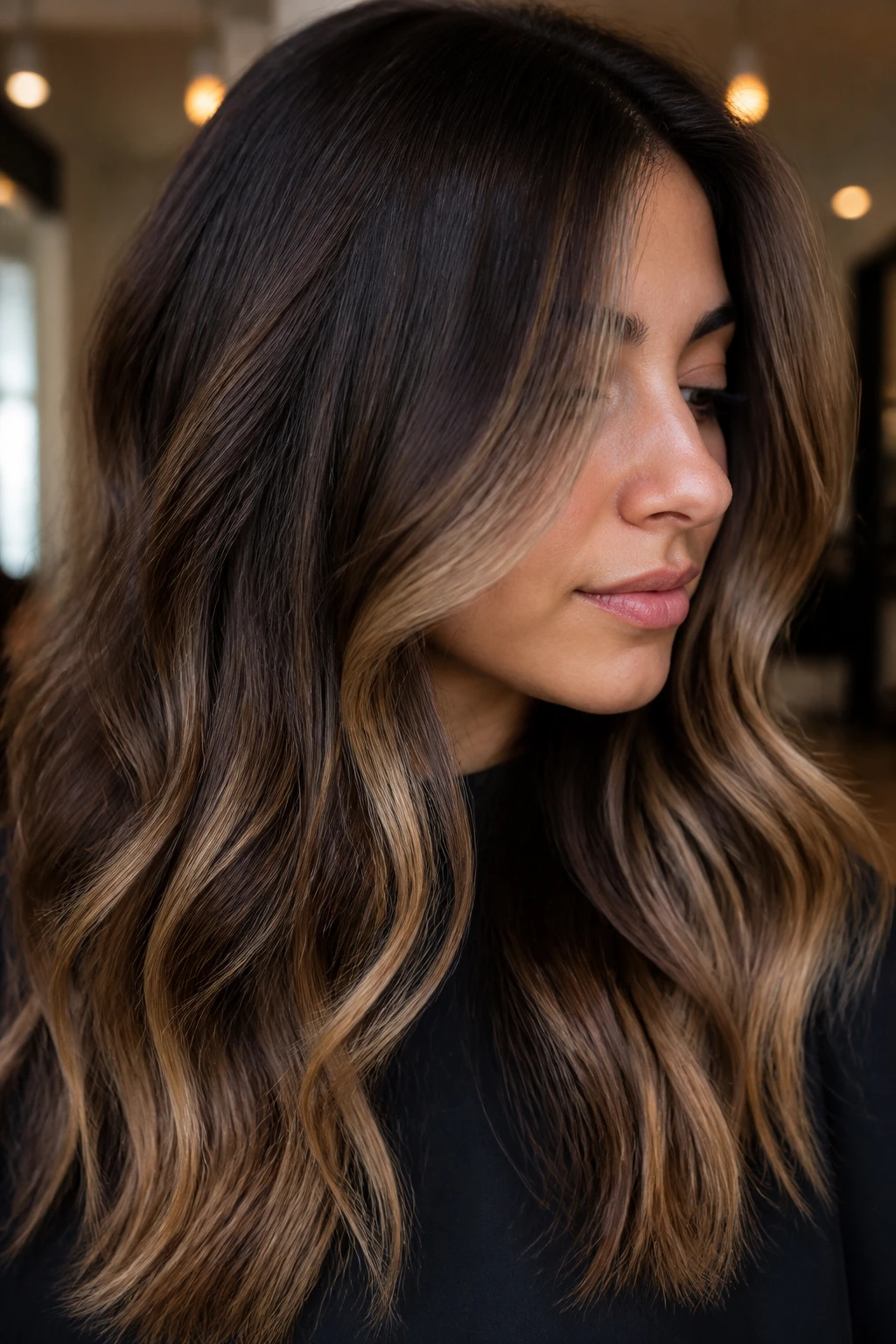 Close-up of dark chocolate hair with beige ends on olive-skinned person.