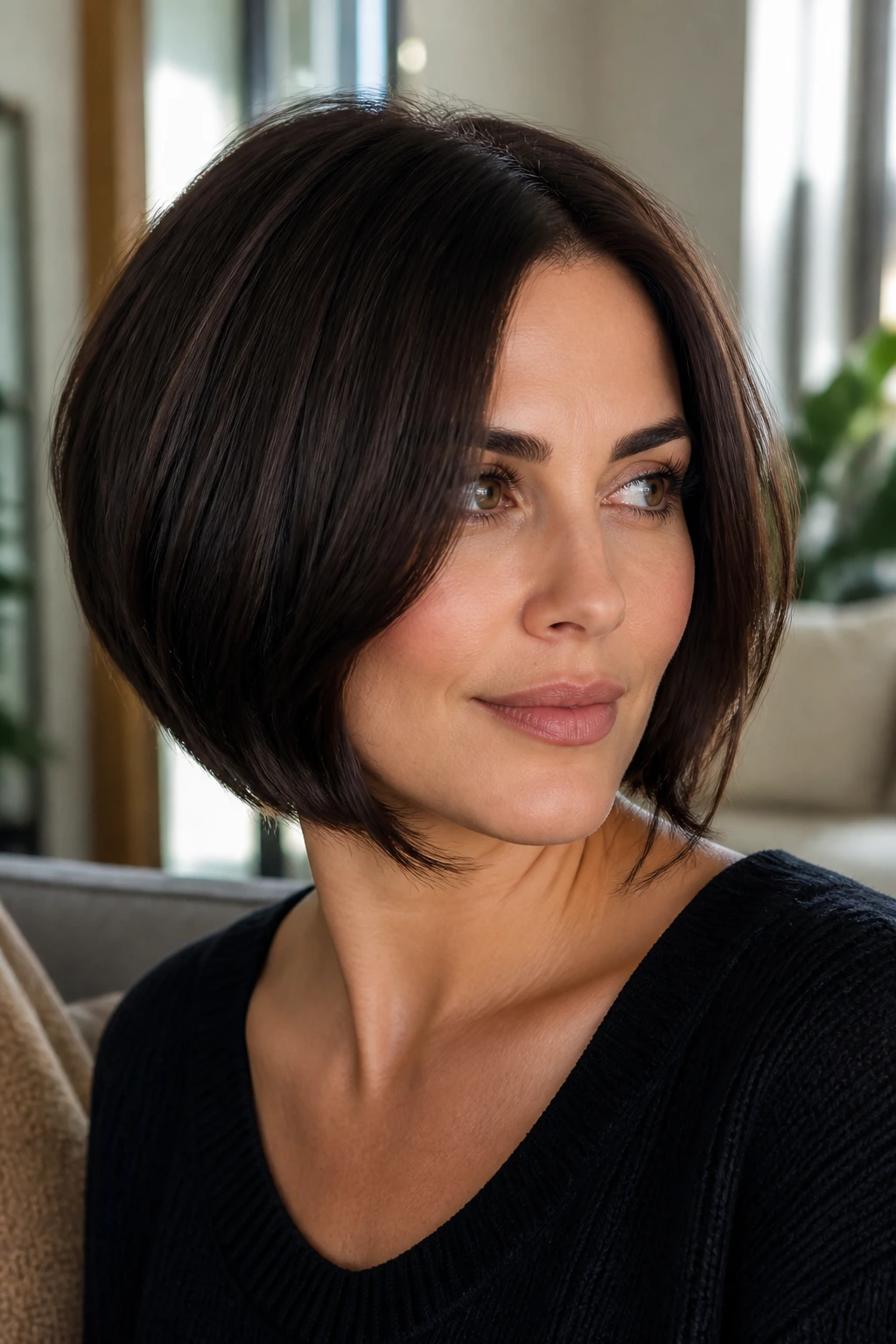 Close-up portrait of a real woman with dark chocolate bob and sleek crown
