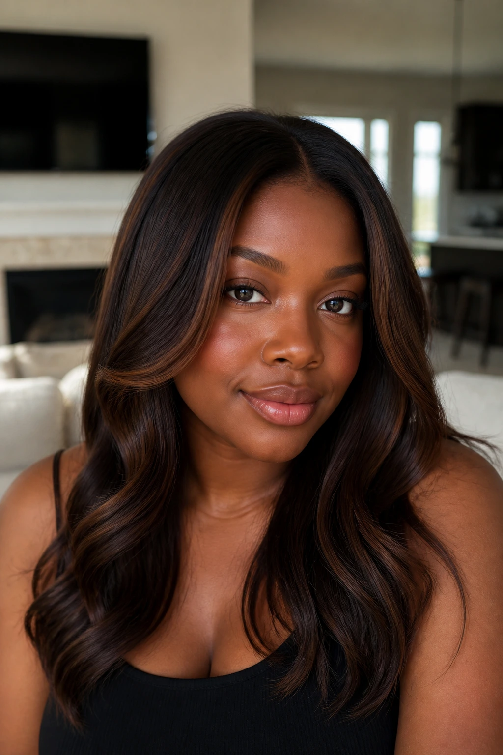 Close-up of a real person with dark chocolate brown hair with soft dimension