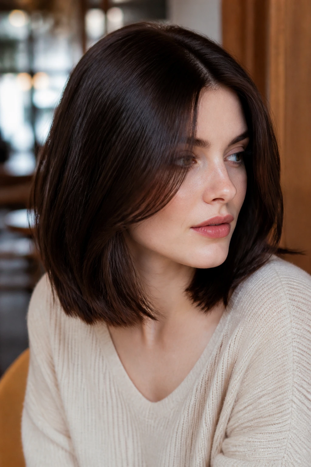Close-up portrait of a real woman with dark chocolate brunette cut and glossy shine.