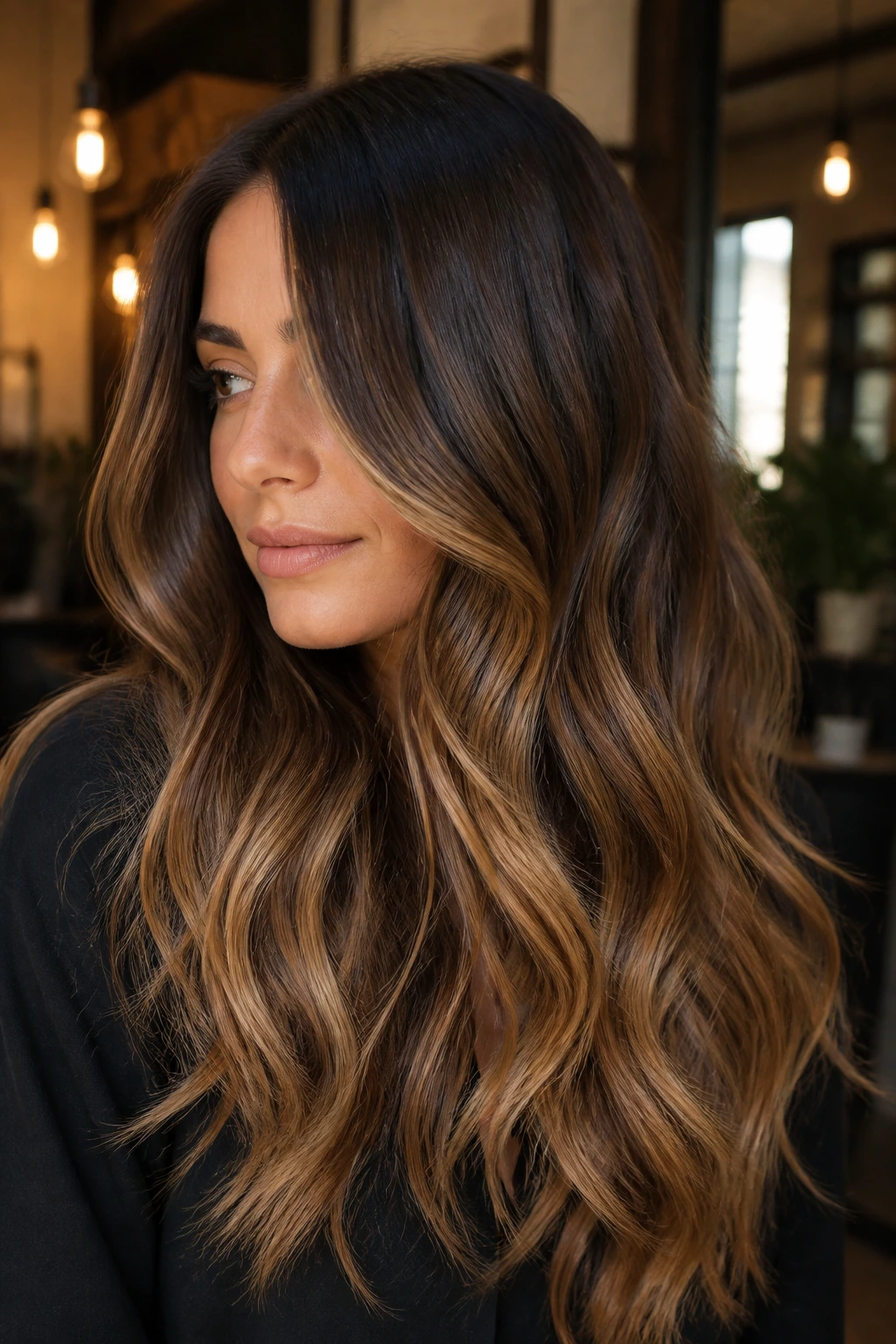 Close-up of a real woman with dark chocolate roots and buttery mid-lengths in warm lighting