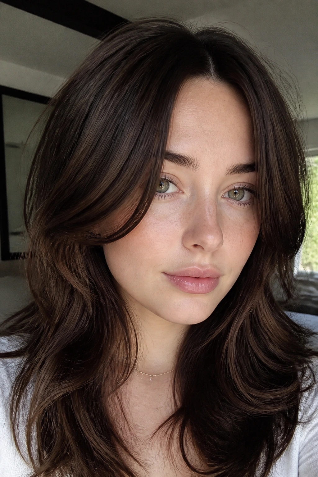 Close-up portrait of a real woman with dark chocolate curtain pieces framing the face.