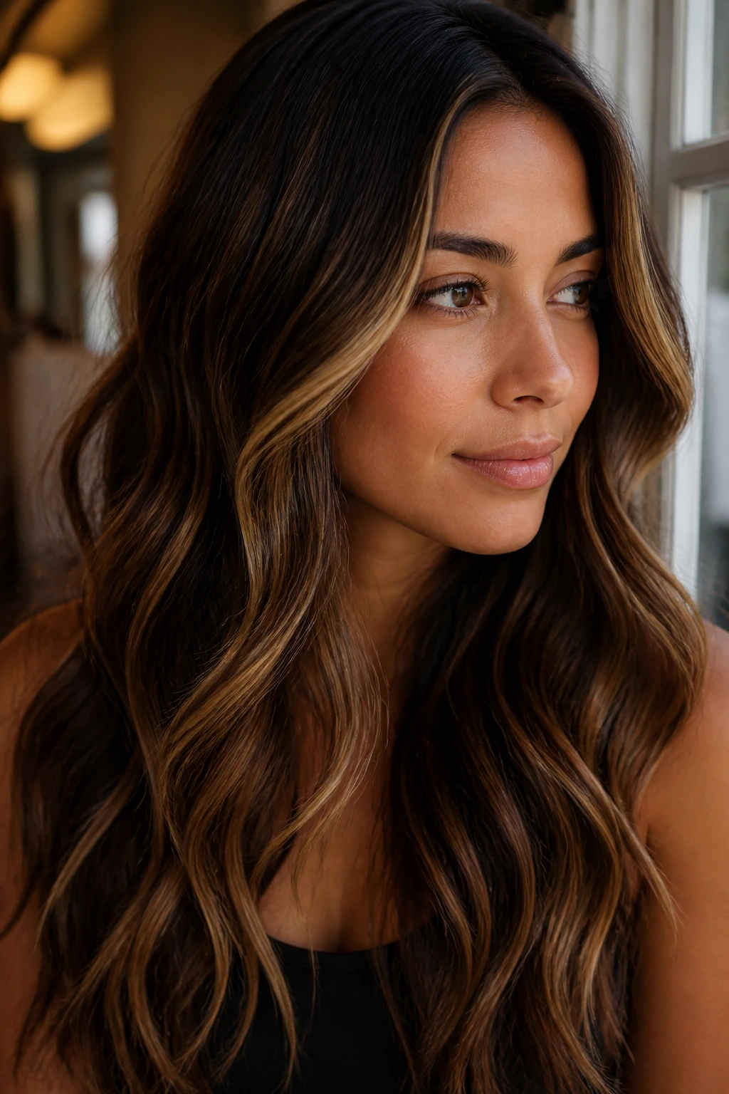 Close-up of a woman with dark chocolate hair and gold ribbons in beachy waves