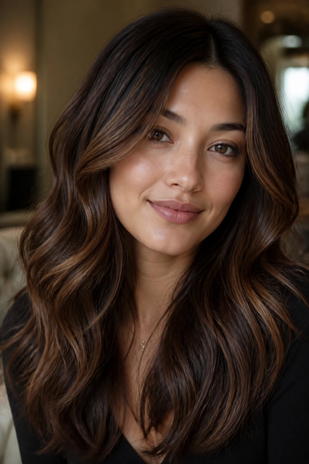 Close-up of dark chocolate brown hair with a thin gold veil on a real woman