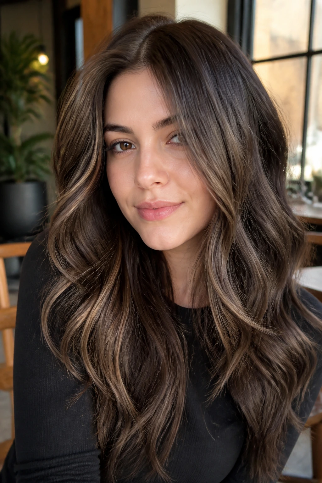 Close-up of a real woman with dark chocolate hair and latte highlights in warm salon lighting