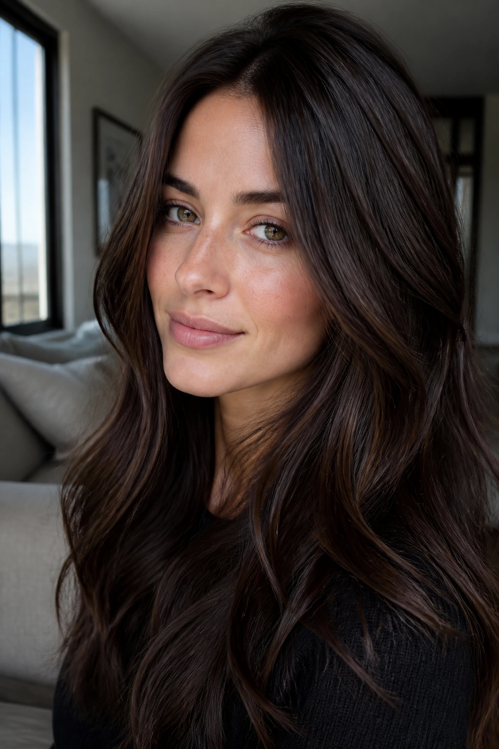 Close-up portrait of a woman with dark chocolate hair and soft lowlights under natural window light