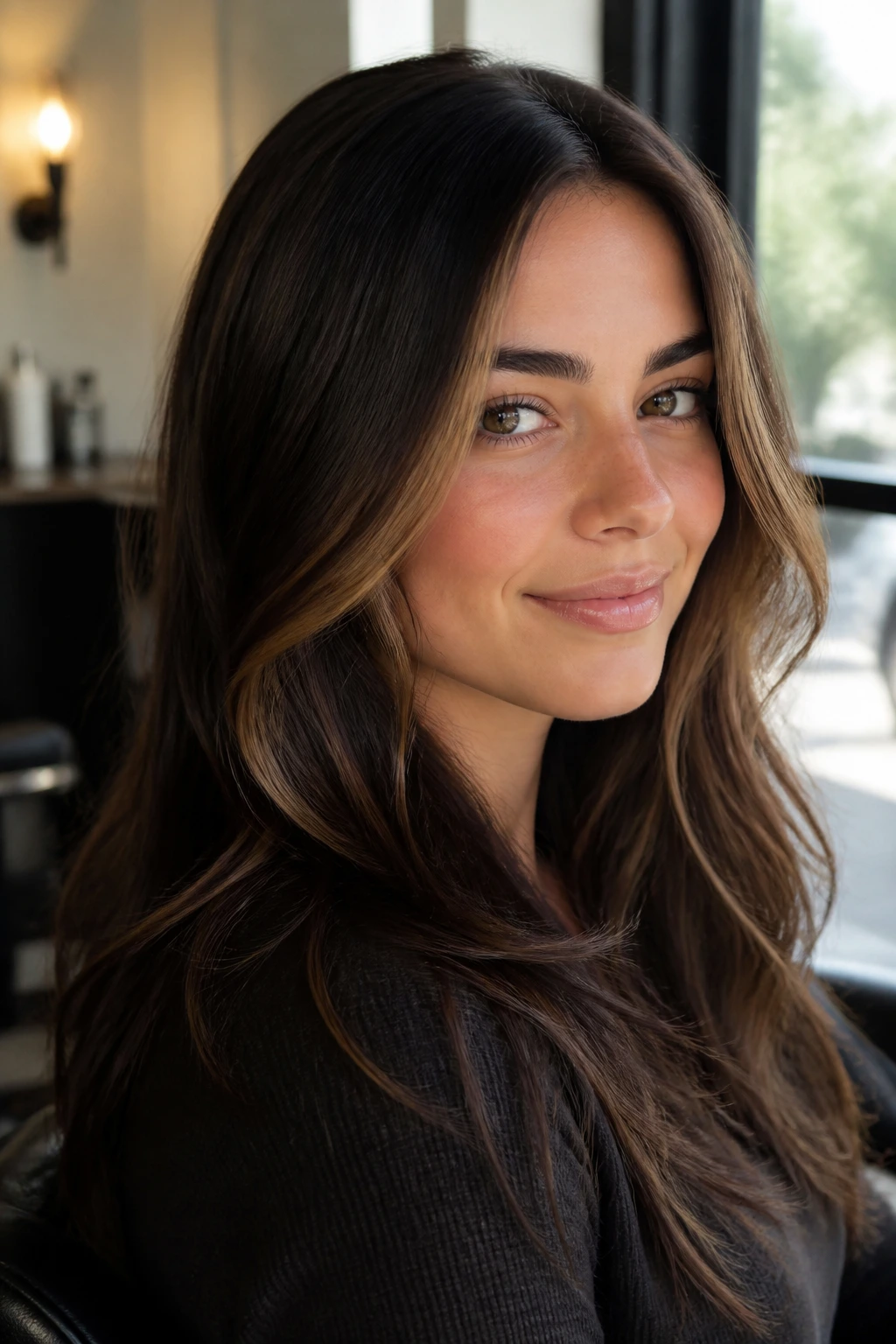 Close-up portrait of a real woman with dark chocolate hair and a soft money piece around the cheekbone