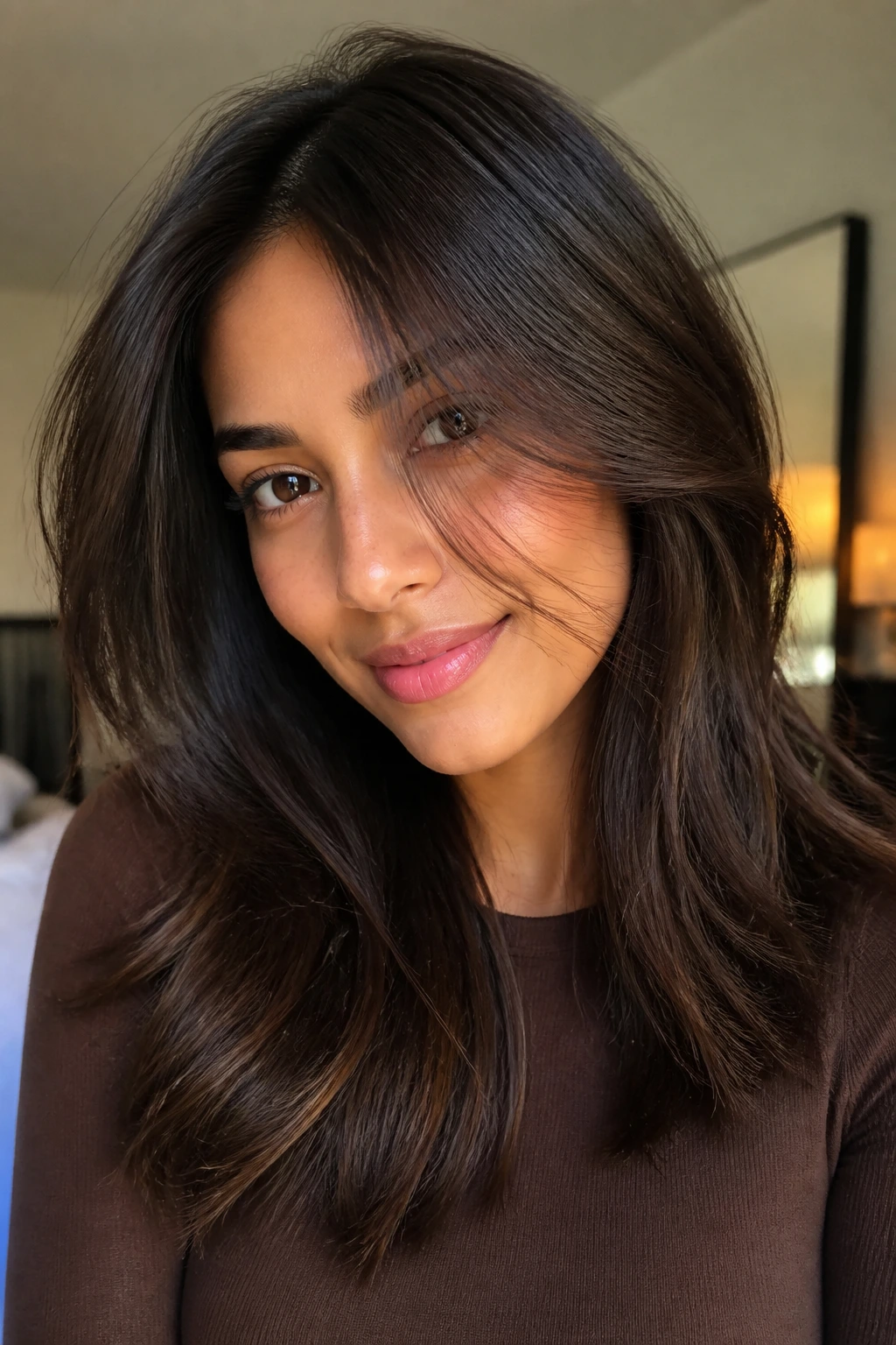 Portrait of a person showing dark chocolate highlights visible in light on fine hair.