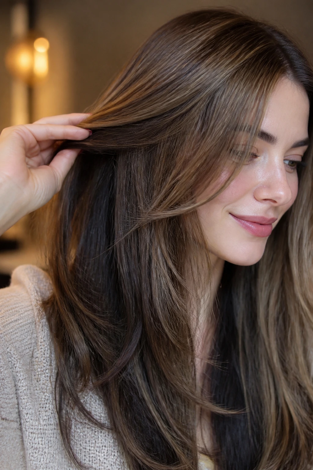 Close-up of dark chocolate interior layers peeking from hair on a real person