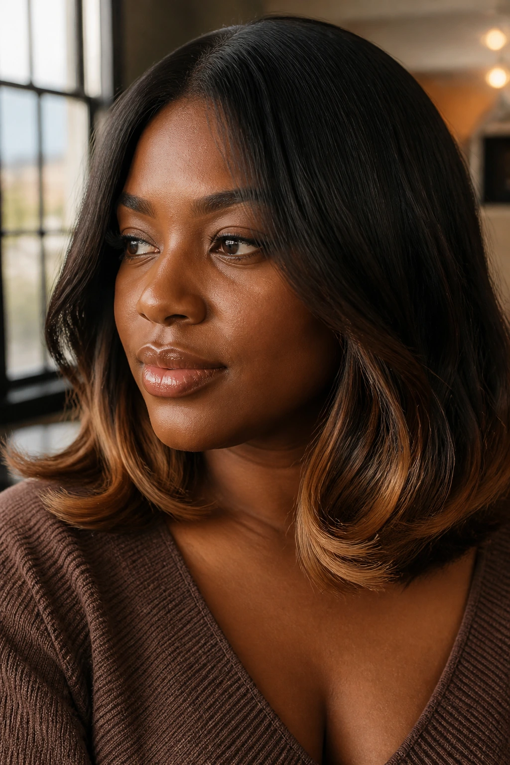 Portrait of a person with a dark chocolate lob and caramel ribbon ends.