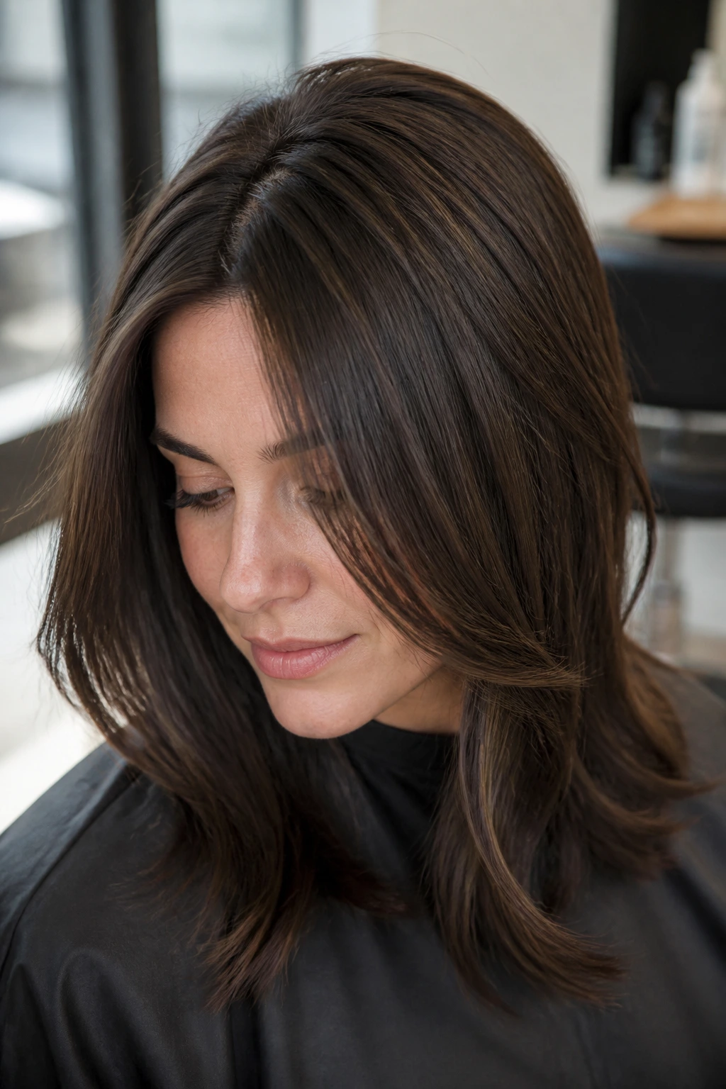 Close-up of dark hair with ultra-fine micro-highlights through the top half.