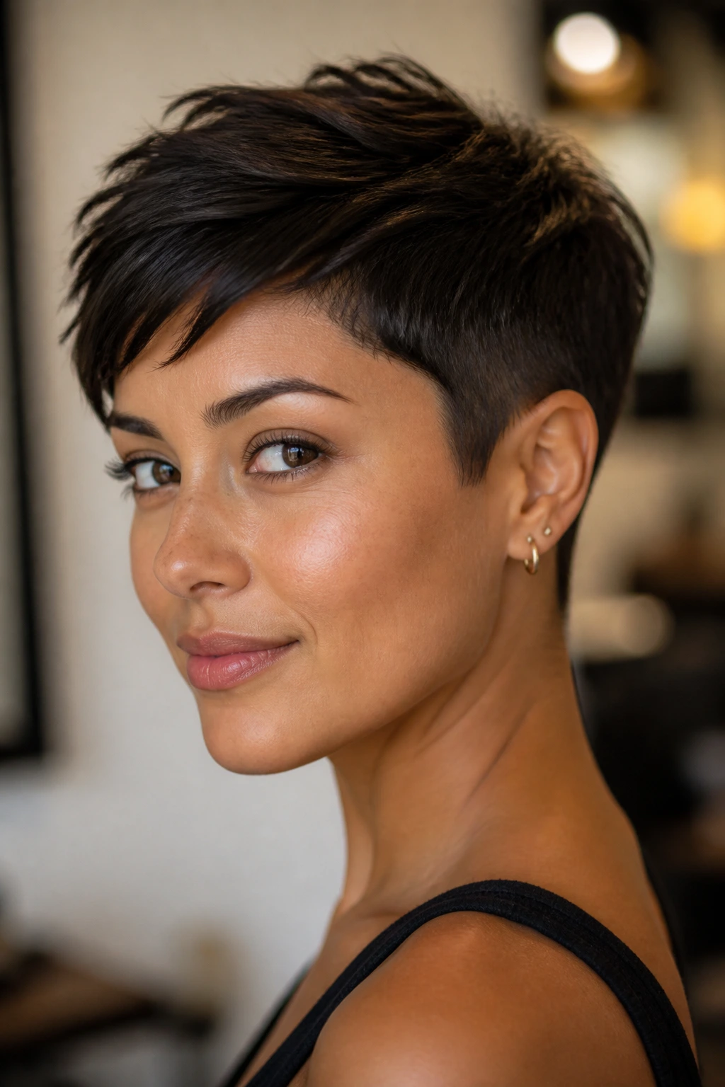 Real woman with dark chocolate pixie and tapered sides
