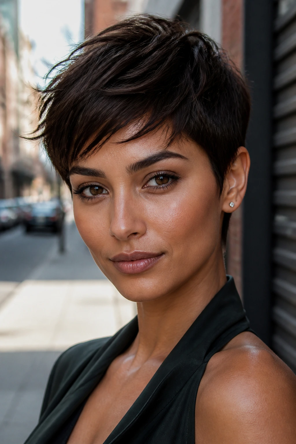 Close-up of a real woman with dark chocolate pixie texture in soft afternoon light