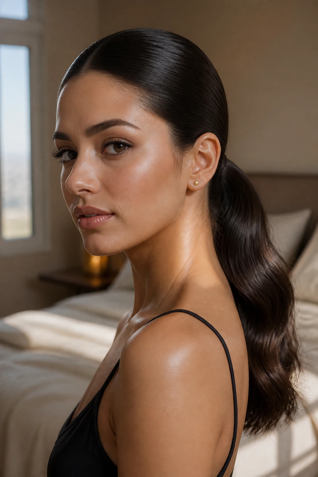 Close-up of a real woman with a glossy dark chocolate sleek ponytail, softly lit bedroom background