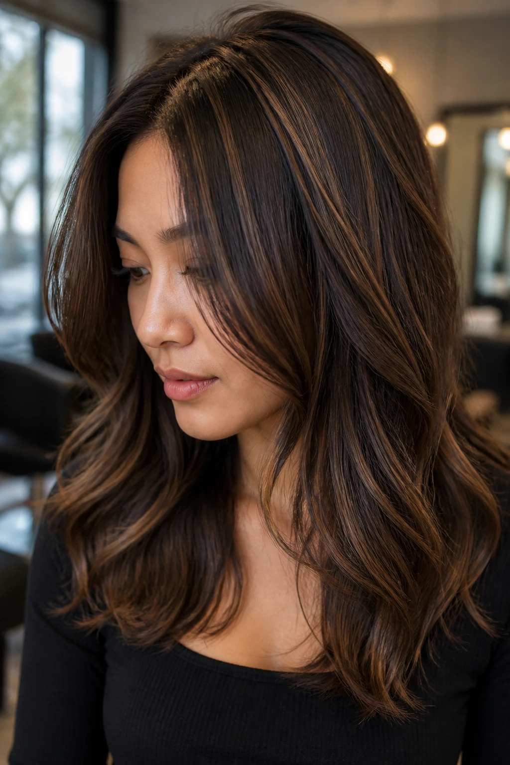 Close-up of hair with dark chocolate slice lights on a real person