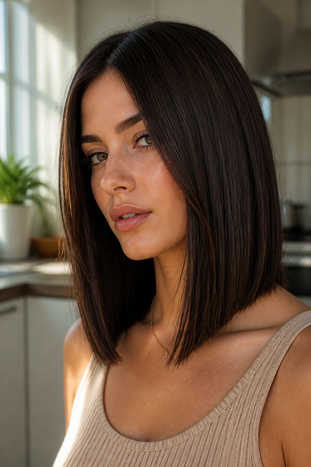 Close-up portrait of a real woman with dark chocolate straight cut and forward angles.