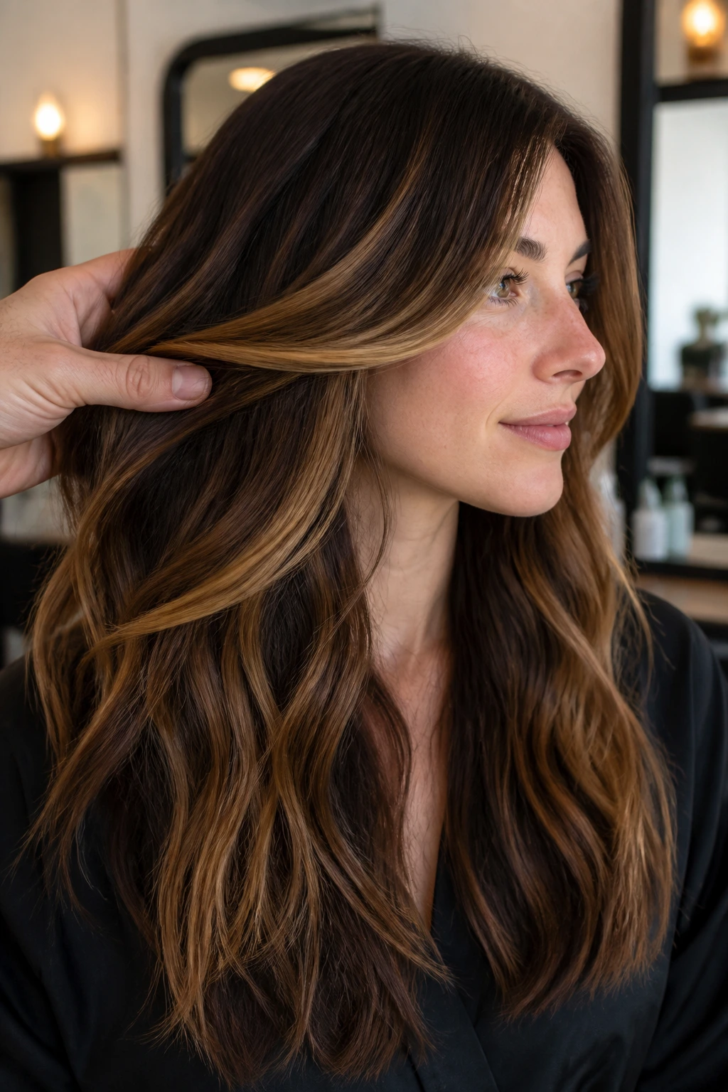 Close-up hair showing dark chocolate underlights beneath caramel