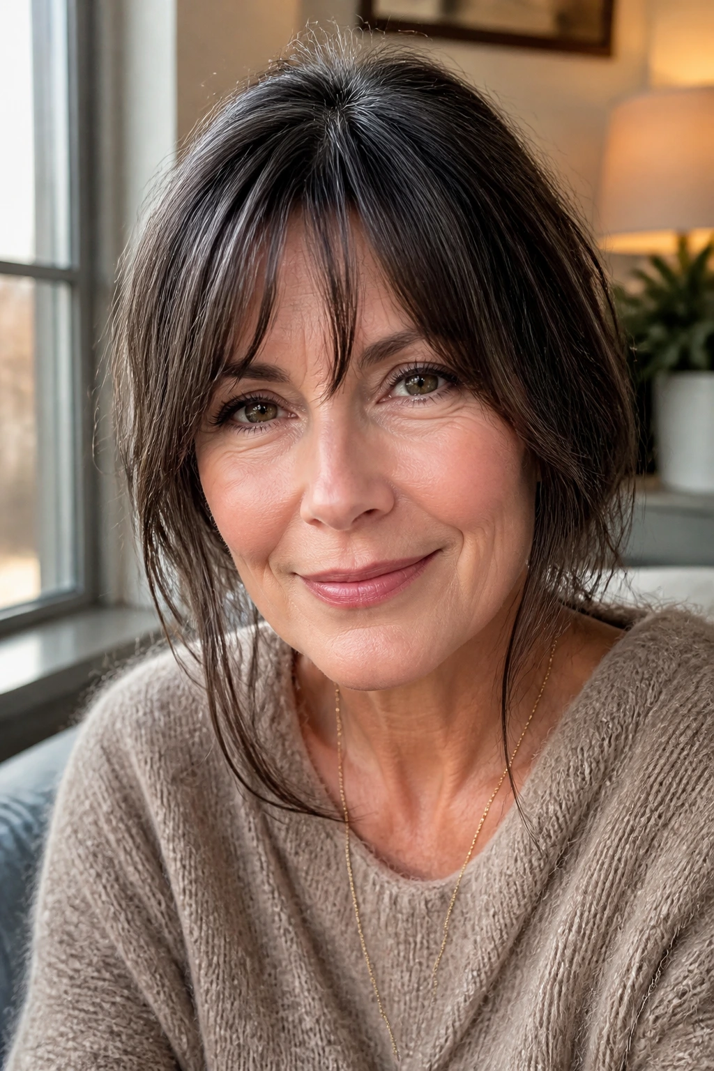 Portrait of a person with dark cocoa curtain bangs framing the eyes.