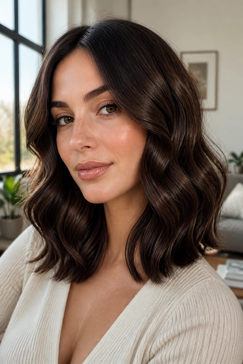 Close-up portrait of a woman with dark cocoa lob and polished S-waves.