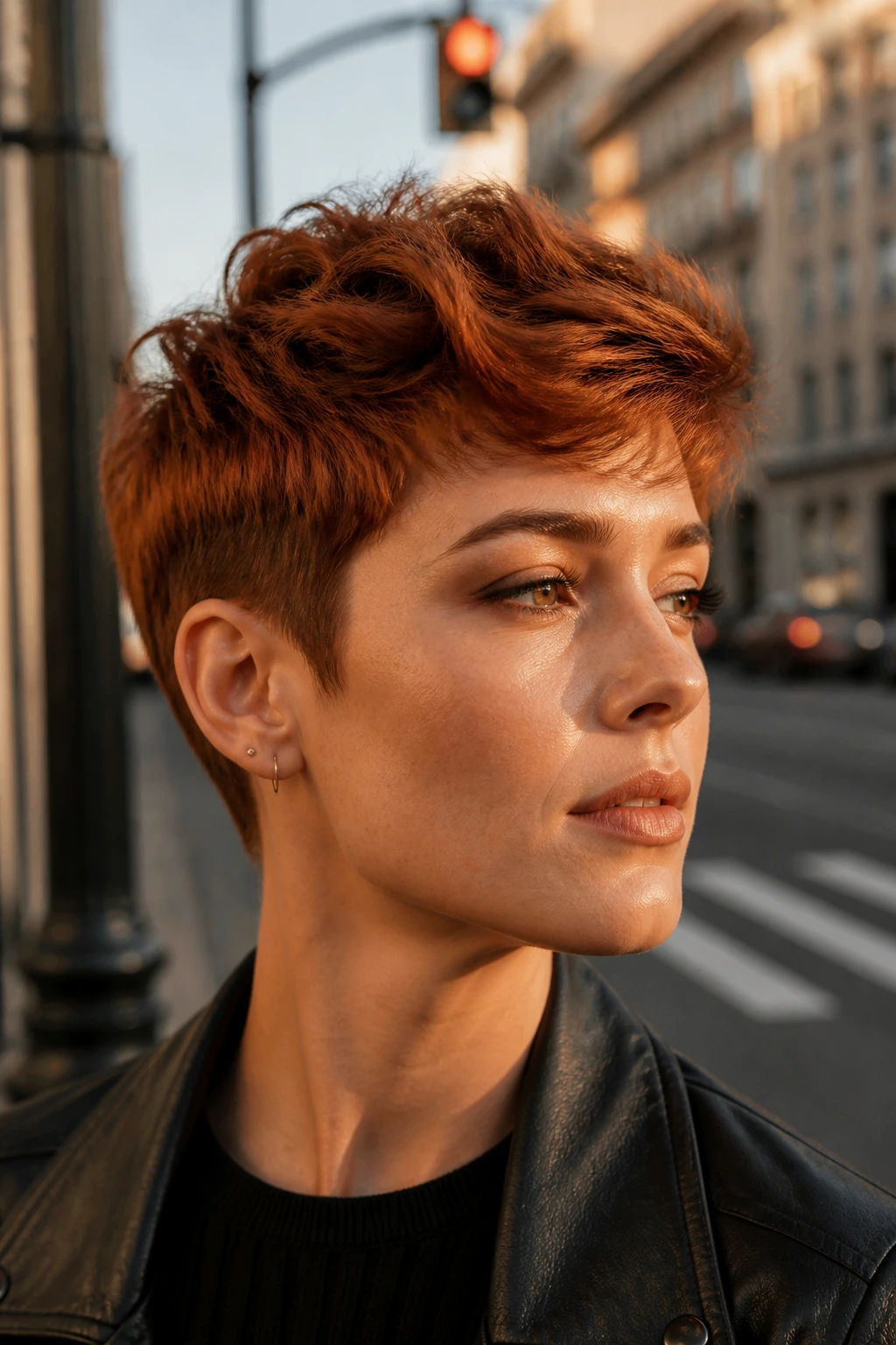 Close-up of a real woman with dark copper pixie cut.