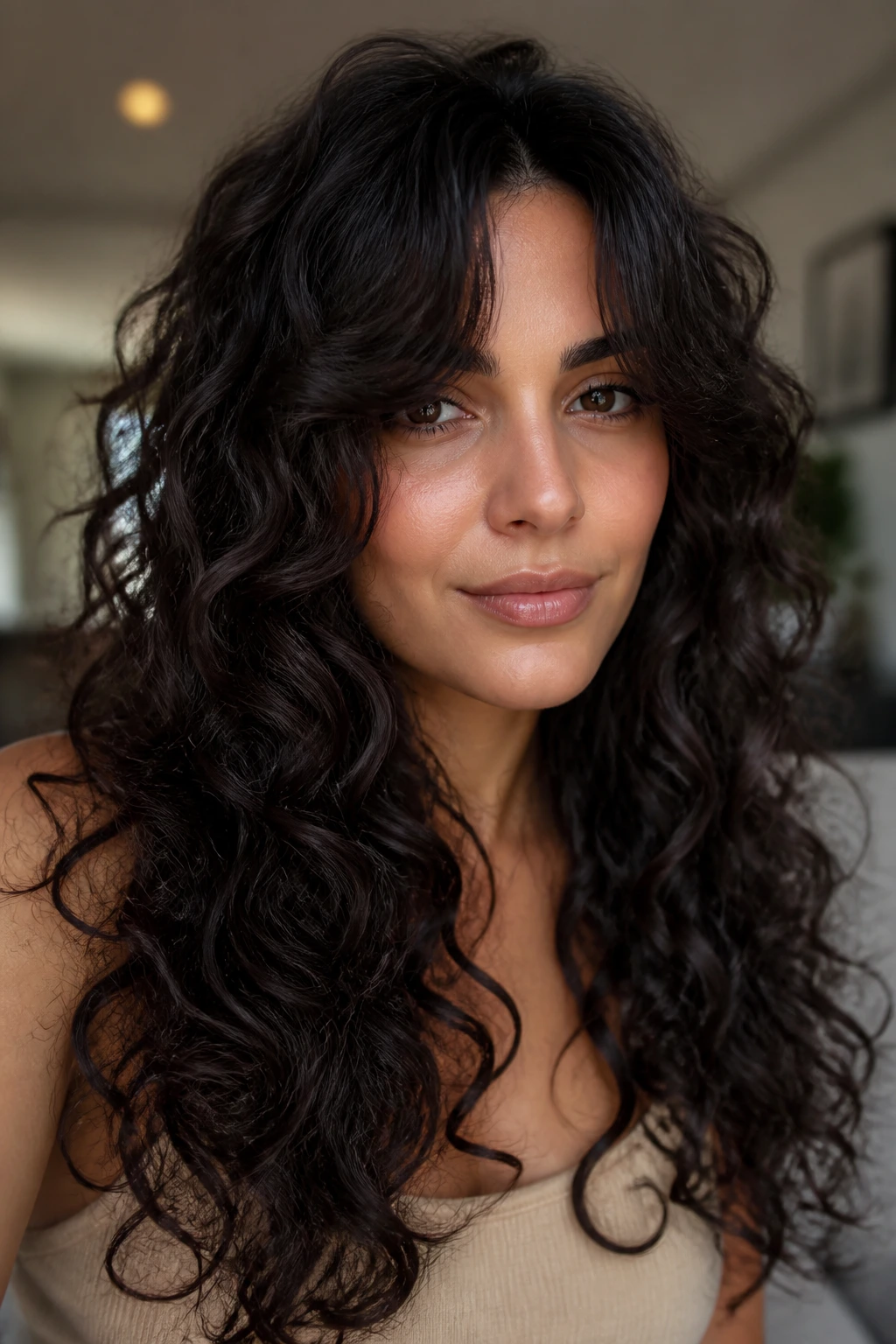 Close-up of a woman with long dark curls and curtain bangs in warm natural light