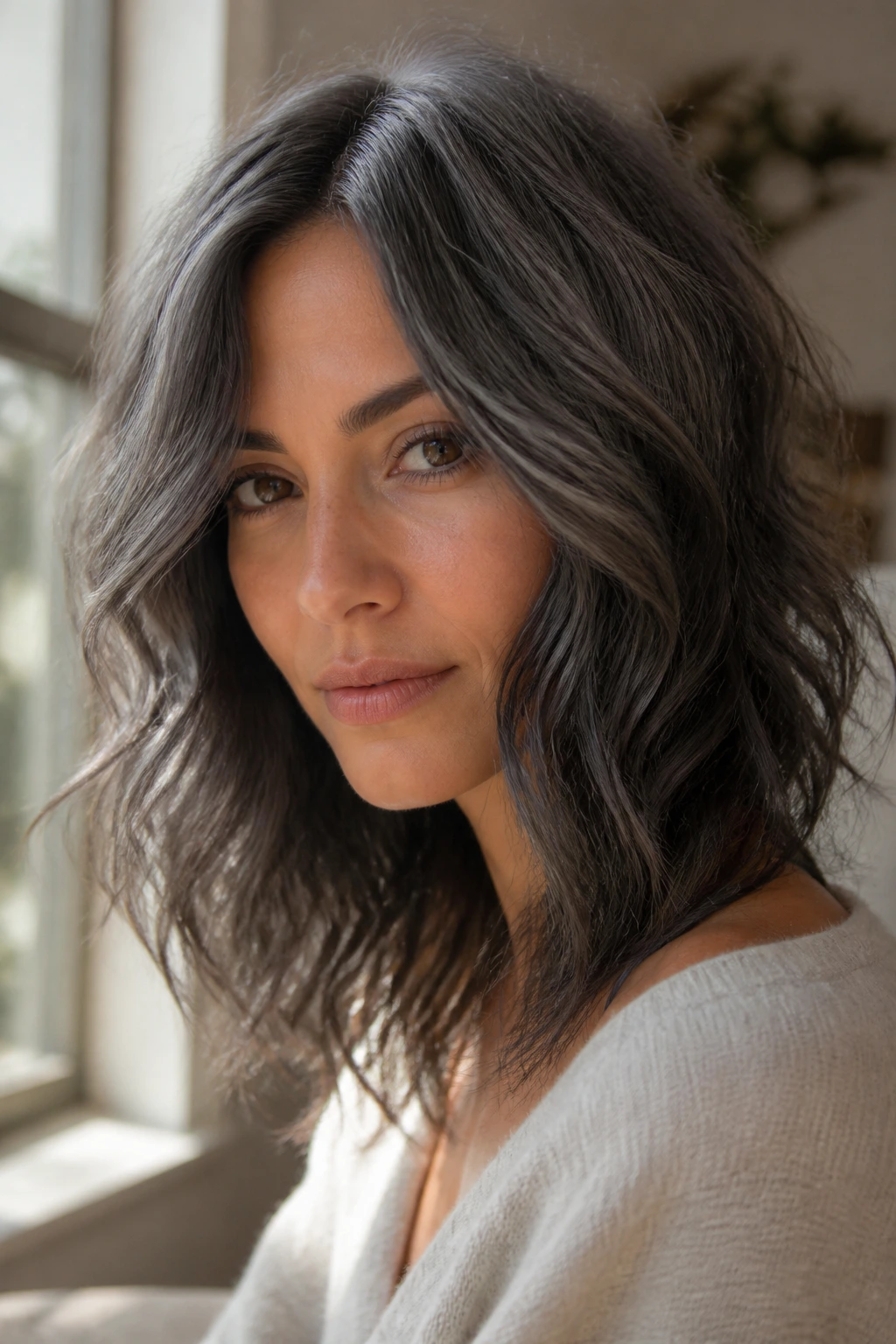 Close-up portrait of a real person with dark dove gray hair and beachy waves in warm window light